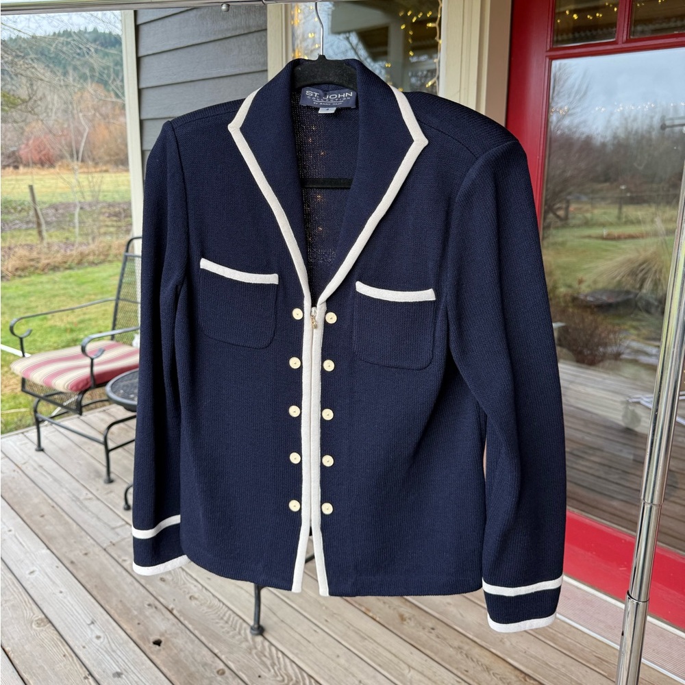 St. John Navy Knit Blazer with Cream Trim